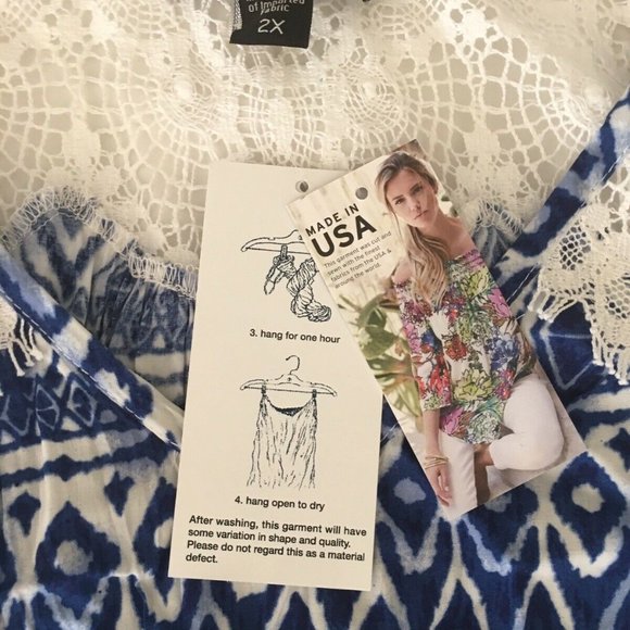 Karen Kane Women's Plus 1X 2X Blue Ikat Lace Yoke Sleeveless Tunic Top Boho NWT - Picture 7 of 9